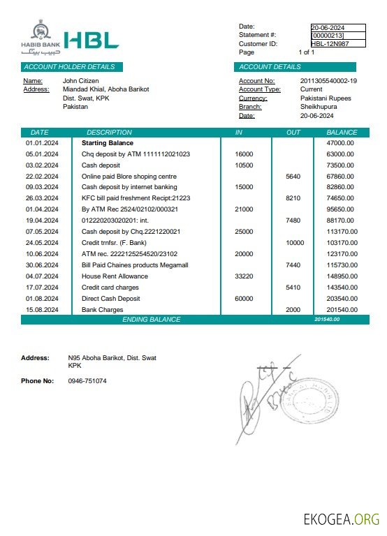 Modèle Word et PDF de relevé bancaire Pakistan Habib